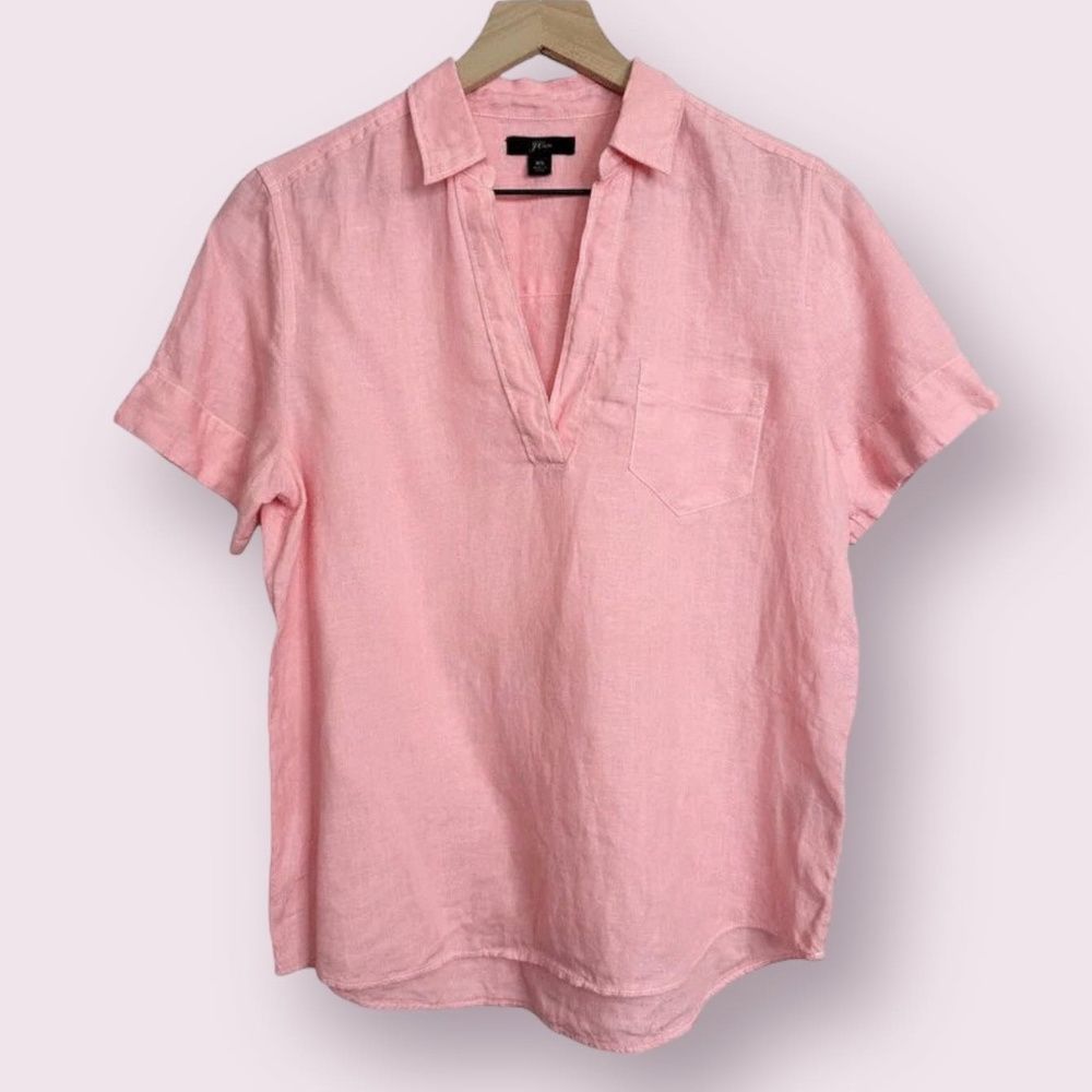 J Crew 100% Linen Pink Top. Size Small. Collared V neck.